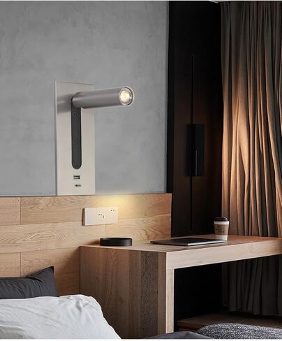 مصباح قراءة حديث بجانب السرير LED مع منفذ USB وشحن سريع قابل للتعديل مصباح قراءة مثبت على الحائط باللون الأبيض الدافئ 3000k 5V 2.1A أسود in Kuwait