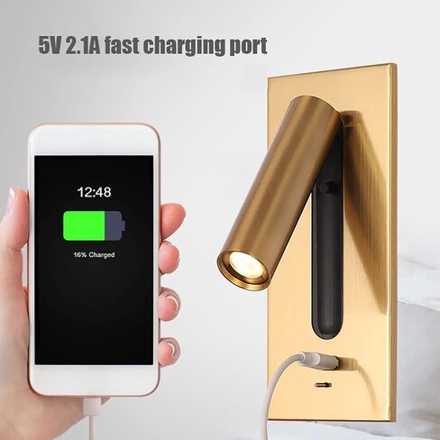 مصباح قراءة حديث بجانب السرير LED مع منفذ USB وشحن سريع قابل للتعديل مصباح قراءة مثبت على الحائط باللون الأبيض الدافئ 3000k 5V 2.1A أسود in Kuwait