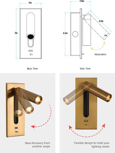 مصباح قراءة حديث بجانب السرير LED مع منفذ USB وشحن سريع قابل للتعديل مصباح قراءة مثبت على الحائط باللون الأبيض الدافئ 3000k 5V 2.1A أسود in Kuwait