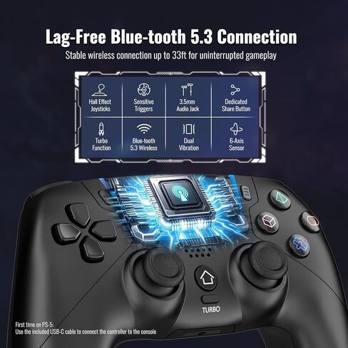 وحدة تحكم BETMI اللاسلكية لجهاز PS-5/Pro/Slim/PC، وحدة تحكم ألعاب بلوتوث مع عصا التحكم في القاعة/إضاءة قناة LED/Turbo/6 محاور جيروسكوبية/اهتزاز مزدوج/لوحة اللمس/مقبس صوت TRRS مقاس 3.5 مم/وظيفة مكبر الصوت (أسود) in Kuwait
