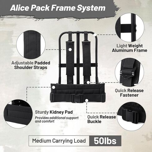 حقيبة ظهر 50 لتر من Military Alice Pack Army Survival Combat ALICE للرجال والنساء للتخييم والمشي لمسافات طويلة والطوارئ باللون الكاكي in Kuwait