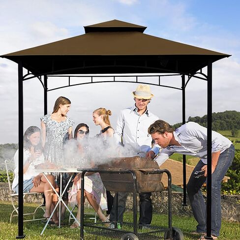Grill Gazebo Replacement Canopy Roof – Hugline 5x8 Outdoor Grill Shelter Canopy Top Double Tiered BBQ Tent Cover Fit for Model L-GG001PST-F (Brown) in Saudi Arabia