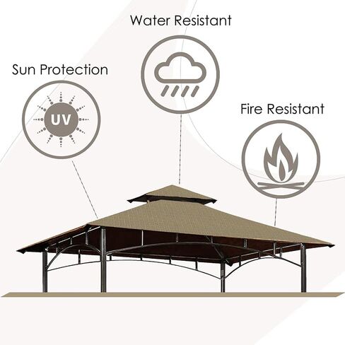 Grill Gazebo Replacement Canopy Roof – Hugline 5x8 Outdoor Grill Shelter Canopy Top Double Tiered BBQ Tent Cover Fit for Model L-GG001PST-F (Brown) in Saudi Arabia