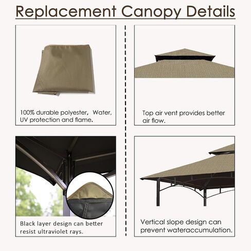 Grill Gazebo Replacement Canopy Roof – Hugline 5x8 Outdoor Grill Shelter Canopy Top Double Tiered BBQ Tent Cover Fit for Model L-GG001PST-F (Brown) in Saudi Arabia