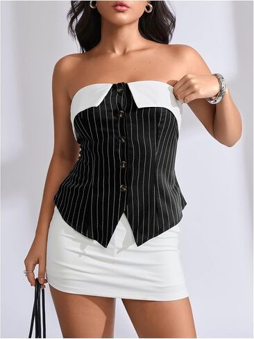 MakeMeChic Women's Corset Tops Sleeveless Striped Vintage Tube Top Button Down Going Out Tops in Saudi Arabia