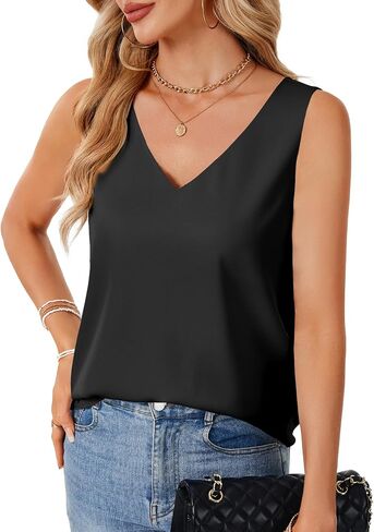 Rooscier Women's Satin Silk Tank Tops V Neck Cami Sleeveless Casual Basic Camisole Blouses Shirt in Saudi Arabia