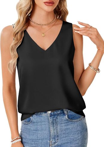 Rooscier Women's Satin Silk Tank Tops V Neck Cami Sleeveless Casual Basic Camisole Blouses Shirt in Saudi Arabia