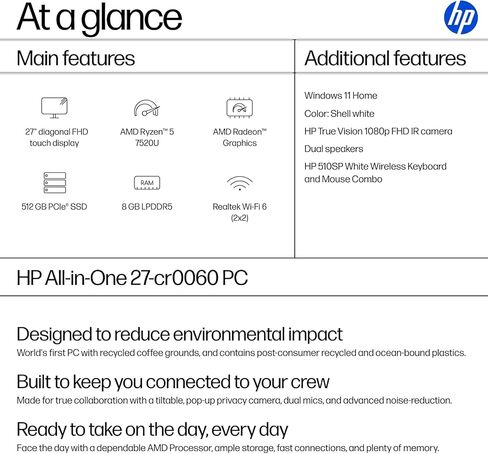 HP 27 Inch All in One Touchscreen Desktop Computer | AMD Ryzen 5 7520U Processor (8-Core, Up to 4.3 GHz) | 16GB DDR5, 1TB SSD | FHD IPS Display | WiFi 6 | Windows 11 | Wireless Keyboard and Mouse in Saudi Arabia