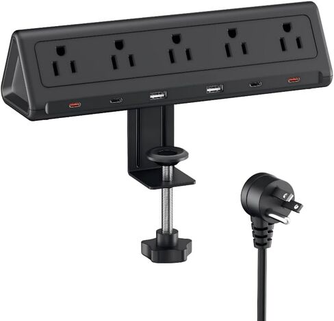شريط طاقة بمشبك مكتب بطول 6.5 قدم مع 5 منافذ تيار متردد و6 منافذ USB PD 40 وات USB-C شحن سريع، واقي من زيادة التيار 1250J، يناسب حافة علوية مقاس 2.6 بوصة باللون الأسود in Kuwait