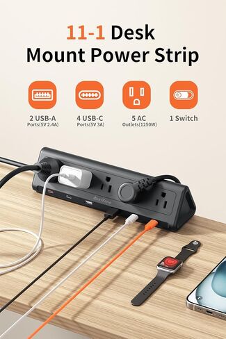 شريط طاقة بمشبك مكتب بطول 6.5 قدم مع 5 منافذ تيار متردد و6 منافذ USB PD 40 وات USB-C شحن سريع، واقي من زيادة التيار 1250J، يناسب حافة علوية مقاس 2.6 بوصة باللون الأسود in Kuwait