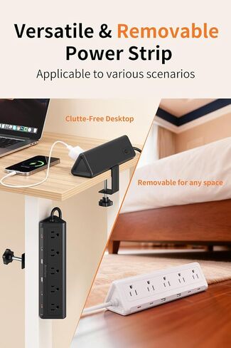 شريط طاقة بمشبك مكتب بطول 6.5 قدم مع 5 منافذ تيار متردد و6 منافذ USB PD 40 وات USB-C شحن سريع، واقي من زيادة التيار 1250J، يناسب حافة علوية مقاس 2.6 بوصة باللون الأسود in Kuwait