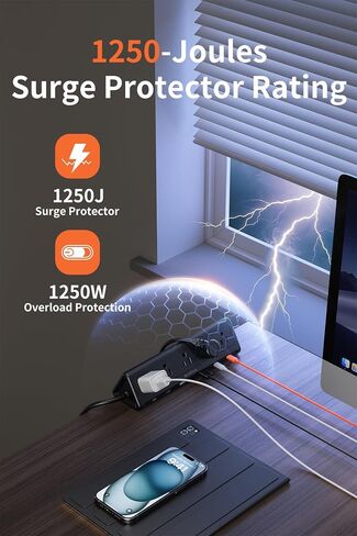 شريط طاقة بمشبك مكتب بطول 6.5 قدم مع 5 منافذ تيار متردد و6 منافذ USB PD 40 وات USB-C شحن سريع، واقي من زيادة التيار 1250J، يناسب حافة علوية مقاس 2.6 بوصة باللون الأسود in Kuwait