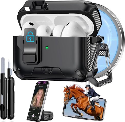 جراب AirPods Pro 3 2025، قفل أمان وتصميم حامل هاتف مخفي لهاتف Apple AirPods Pro الجيل الثالث مع سلسلة مفاتيح نظيفة للرجال والنساء، متوافق مع MagSafe، أسود in Kuwait