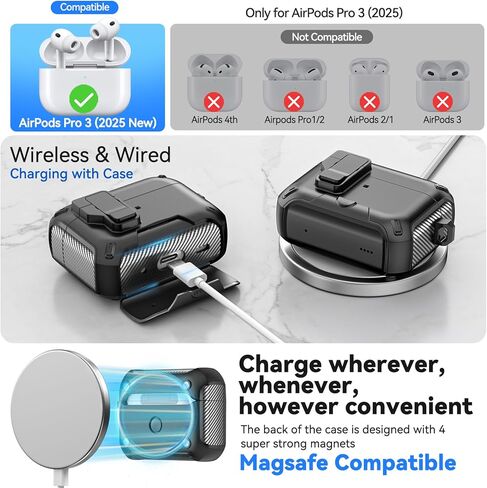جراب AirPods Pro 3 2025، قفل أمان وتصميم حامل هاتف مخفي لهاتف Apple AirPods Pro الجيل الثالث مع سلسلة مفاتيح نظيفة للرجال والنساء، متوافق مع MagSafe، أسود in Kuwait