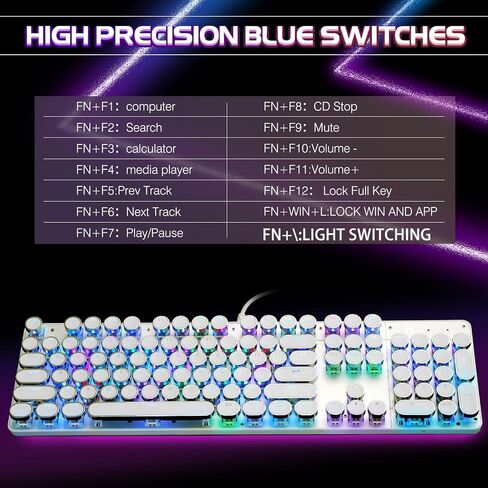 YSCP Typewriter Style Mechanical Gaming Keyboard RGB Backlit Wired with Blue Switch Retro Round Keycap 104 Keys Keyboard (R-White) in Kuwait