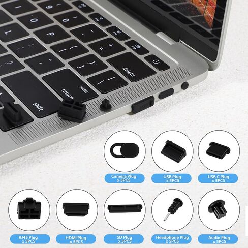 40 قطعة من 8 أنواع من غطاء منفذ USB، أغطية منافذ USB من السيليكون، قابس حماية من الغبار لكاميرا الكمبيوتر، USB، USB C، HDMI، منفذ SD، RJ45، منفذ الصوت، منفذ سماعات الرأس، أسود in Kuwait