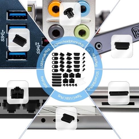 40 قطعة من 8 أنواع من غطاء منفذ USB، أغطية منافذ USB من السيليكون، قابس حماية من الغبار لكاميرا الكمبيوتر، USB، USB C، HDMI، منفذ SD، RJ45، منفذ الصوت، منفذ سماعات الرأس، أسود in Kuwait