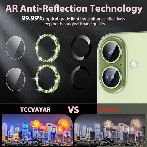 for iPhone 17 Camera Lens Protector - with Installation Tray, 9H Tempered Glass [Anti-Scratch] [Ultra HD Clear] Metal Individual Ring Camera Cover (Green Glitter) in Kuwait