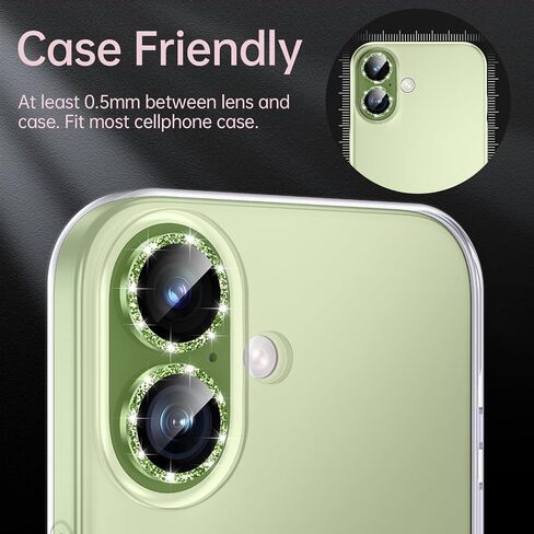 for iPhone 17 Camera Lens Protector - with Installation Tray, 9H Tempered Glass [Anti-Scratch] [Ultra HD Clear] Metal Individual Ring Camera Cover (Green Glitter) in Kuwait