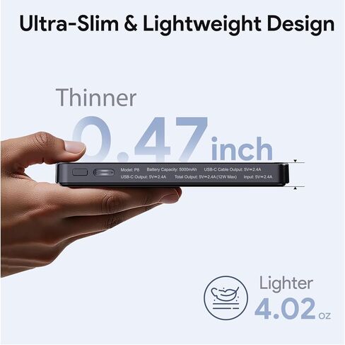 weetla Ultra-Slim Magnetic Mini Power Bank, 5000mAh - Thinnest & Lightest, Charge-Card Sized Portable Charger - Built-in USB C Cable for iPhone 17/16/15 & Android - Perfect Travel-Essentials (Black) in Kuwait
