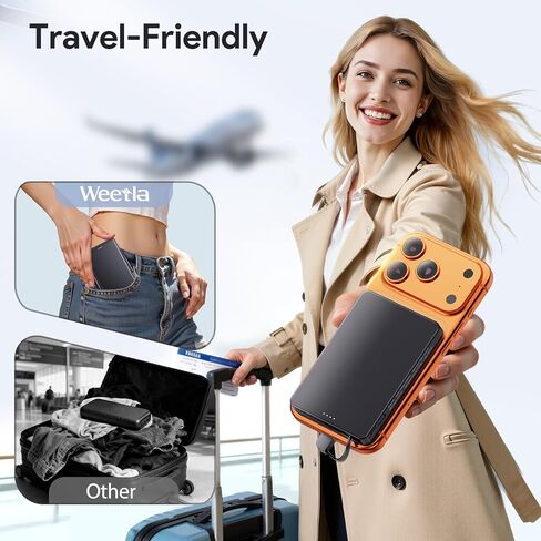 weetla Ultra-Slim Magnetic Mini Power Bank, 5000mAh - Thinnest & Lightest, Charge-Card Sized Portable Charger - Built-in USB C Cable for iPhone 17/16/15 & Android - Perfect Travel-Essentials (Black) in Kuwait