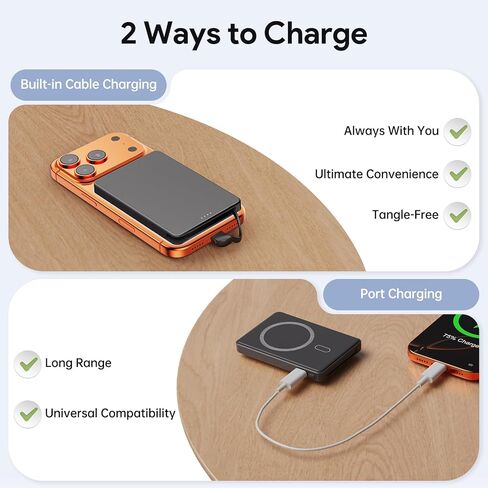 weetla Ultra-Slim Magnetic Mini Power Bank, 5000mAh - Thinnest & Lightest, Charge-Card Sized Portable Charger - Built-in USB C Cable for iPhone 17/16/15 & Android - Perfect Travel-Essentials (Black) in Kuwait