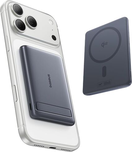Baseus Picogo Power Bank، أصغر شاحن محمول معتمد من Qi2 بقدرة 15 وات MagSafe، حزمة بطارية مغناطيسية رفيعة للغاية 0.5 بوصة بقدرة 5000 مللي أمبير في الساعة مع حامل، شاحن لاسلكي من سبيكة لهاتف iPhone 17 Pro Max/17 Air/16 Series in Kuwait