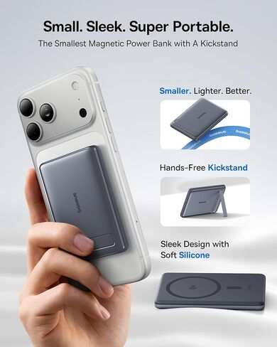 Baseus Picogo Power Bank، أصغر شاحن محمول معتمد من Qi2 بقدرة 15 وات MagSafe، حزمة بطارية مغناطيسية رفيعة للغاية 0.5 بوصة بقدرة 5000 مللي أمبير في الساعة مع حامل، شاحن لاسلكي من سبيكة لهاتف iPhone 17 Pro Max/17 Air/16 Series in Kuwait