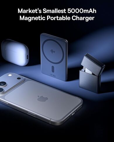 Baseus Picogo Power Bank، أصغر شاحن محمول معتمد من Qi2 بقدرة 15 وات MagSafe، حزمة بطارية مغناطيسية رفيعة للغاية 0.5 بوصة بقدرة 5000 مللي أمبير في الساعة مع حامل، شاحن لاسلكي من سبيكة لهاتف iPhone 17 Pro Max/17 Air/16 Series in Kuwait