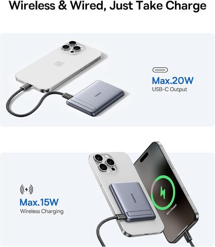 Baseus Picogo Power Bank، أصغر شاحن محمول معتمد من Qi2 بقدرة 15 وات MagSafe، حزمة بطارية مغناطيسية رفيعة للغاية 0.5 بوصة بقدرة 5000 مللي أمبير في الساعة مع حامل، شاحن لاسلكي من سبيكة لهاتف iPhone 17 Pro Max/17 Air/16 Series in Kuwait