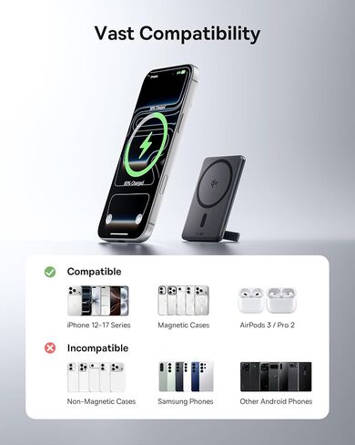 Baseus Picogo Power Bank، أصغر شاحن محمول معتمد من Qi2 بقدرة 15 وات MagSafe، حزمة بطارية مغناطيسية رفيعة للغاية 0.5 بوصة بقدرة 5000 مللي أمبير في الساعة مع حامل، شاحن لاسلكي من سبيكة لهاتف iPhone 17 Pro Max/17 Air/16 Series in Kuwait