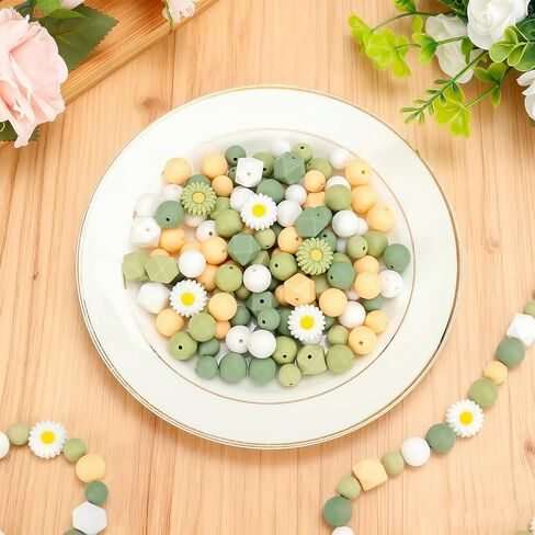 Whaline 100Pcs Daisy Flower Silicone Beads with Elastic Rope Brown Round Hexagon Loose Spacer Beads for DIY Crafts Jewelry Necklaces Bracelets Keychain Making in Saudi Arabia