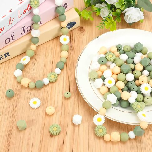 Whaline 100Pcs Daisy Flower Silicone Beads with Elastic Rope Brown Round Hexagon Loose Spacer Beads for DIY Crafts Jewelry Necklaces Bracelets Keychain Making in Saudi Arabia