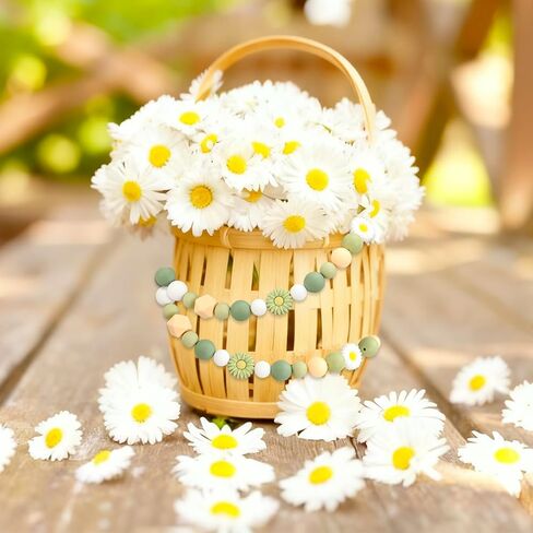 Whaline 100Pcs Daisy Flower Silicone Beads with Elastic Rope Brown Round Hexagon Loose Spacer Beads for DIY Crafts Jewelry Necklaces Bracelets Keychain Making in Saudi Arabia