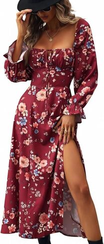 فستان Narecte طويل الأكمام للنساء بوهو فستان ماكسي زهري فساتين أنيقة كاجوال لقضاء عطلة الشاطئ in Kuwait