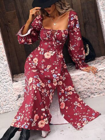 فستان Narecte طويل الأكمام للنساء بوهو فستان ماكسي زهري فساتين أنيقة كاجوال لقضاء عطلة الشاطئ in Kuwait