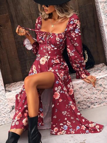 فستان Narecte طويل الأكمام للنساء بوهو فستان ماكسي زهري فساتين أنيقة كاجوال لقضاء عطلة الشاطئ in Kuwait