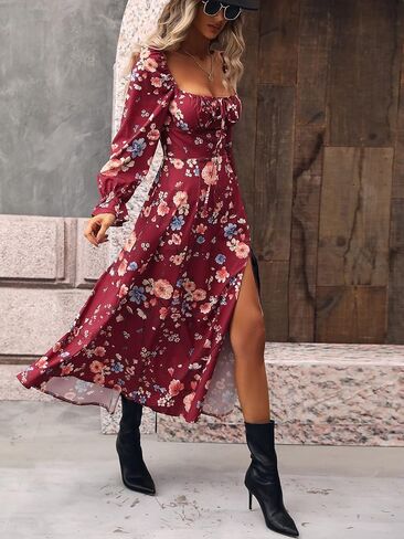 فستان Narecte طويل الأكمام للنساء بوهو فستان ماكسي زهري فساتين أنيقة كاجوال لقضاء عطلة الشاطئ in Kuwait