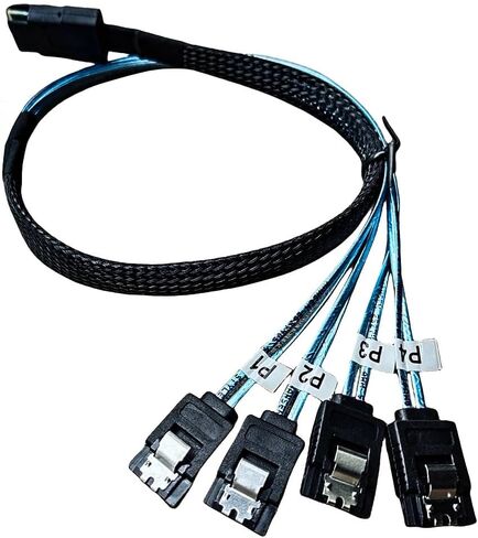كابل SFF-8087 إلى 4×SATA للأمام بطول 1.6 قدم/0.5 متر - Mini SAS 36-Pin إلى 4×7-Pin SATA III 6 جيجابت في الثانية، ملصق P1–P4، مزالج قفل، مضفر - لـ LSI/Broadcom HBA 9211-8i 9207-8i، NAS Server HDD SSD in Kuwait