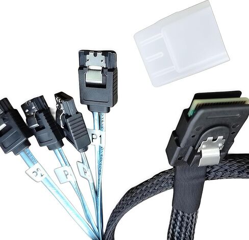 كابل SFF-8087 إلى 4×SATA للأمام بطول 1.6 قدم/0.5 متر - Mini SAS 36-Pin إلى 4×7-Pin SATA III 6 جيجابت في الثانية، ملصق P1–P4، مزالج قفل، مضفر - لـ LSI/Broadcom HBA 9211-8i 9207-8i، NAS Server HDD SSD in Kuwait