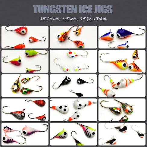 45Pcs Tungsten Ice Fishing Jigs Lures Kit, Micro Glow Tungsten Winter Jig Heads Hooks for Walleye Crappie Panfish Trout, Ice Fishing Gear Equipment Tackle Accessories in Saudi Arabia