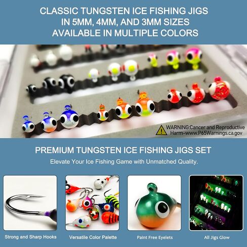 45Pcs Tungsten Ice Fishing Jigs Lures Kit, Micro Glow Tungsten Winter Jig Heads Hooks for Walleye Crappie Panfish Trout, Ice Fishing Gear Equipment Tackle Accessories in Saudi Arabia