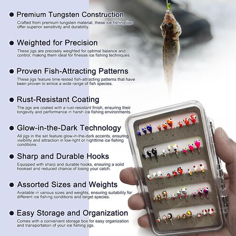 45Pcs Tungsten Ice Fishing Jigs Lures Kit, Micro Glow Tungsten Winter Jig Heads Hooks for Walleye Crappie Panfish Trout, Ice Fishing Gear Equipment Tackle Accessories in Saudi Arabia