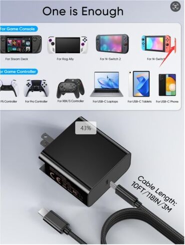 Fast Charger for Steam Deck &Nintendo Switch& ROG Ally,MENEEA 65W/45W PD Foldable Power Adapter with 6.6FT USB-C Charging Cable Cord,Accessories for Steam Deck TV Dock Console/Lite/Phone/Tablet/Laptop in Kuwait