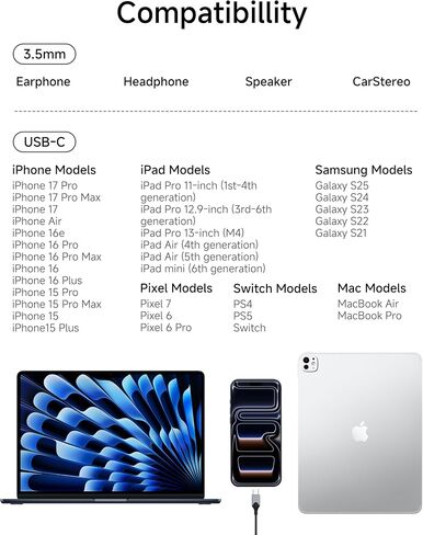 2 حزمة من محول مقبس سماعة الرأس USB C إلى 3.5 ملم لهاتف iPhone 17/16/15/Pro Max/Plus، سلك كابل دونجل صوت Aux من النوع C متوافق مع iPad وSamsung Galaxy S25/24/S23/S22/S21، MacBook-White in Kuwait