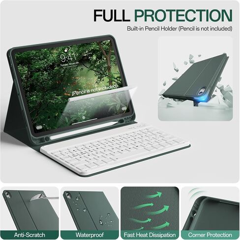 Keyboard Case for iPad Air 11 inch M3 2025 M2 2024, for iPad Air 5th/4th Generation 10.9 inch with Pencil Holder, Detachable Wireless Bluetooth Keyboard, Soft TPU Cover (Dark Green) in Kuwait