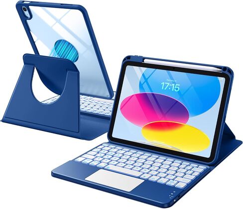 حافظة Harvopu لجهاز iPad الجيل العاشر/الحادي عشر A16 مع لوحة مفاتيح، غطاء قابل للفصل يدور 360 درجة مع حامل أقلام، لوحة تتبع متعددة اللمس، لوحة مفاتيح بإضاءة خلفية 7 ألوان لجهاز iPad (A16)/الجيل العاشر (أزرق داكن) in Kuwait