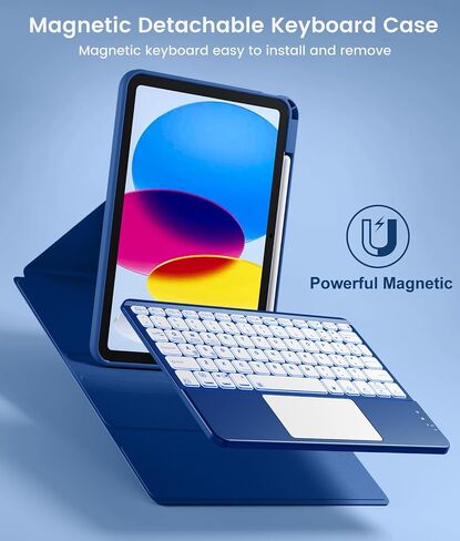 حافظة Harvopu لجهاز iPad الجيل العاشر/الحادي عشر A16 مع لوحة مفاتيح، غطاء قابل للفصل يدور 360 درجة مع حامل أقلام، لوحة تتبع متعددة اللمس، لوحة مفاتيح بإضاءة خلفية 7 ألوان لجهاز iPad (A16)/الجيل العاشر (أزرق داكن) in Kuwait