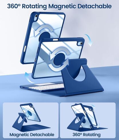 حافظة Harvopu لجهاز iPad الجيل العاشر/الحادي عشر A16 مع لوحة مفاتيح، غطاء قابل للفصل يدور 360 درجة مع حامل أقلام، لوحة تتبع متعددة اللمس، لوحة مفاتيح بإضاءة خلفية 7 ألوان لجهاز iPad (A16)/الجيل العاشر (أزرق داكن) in Kuwait