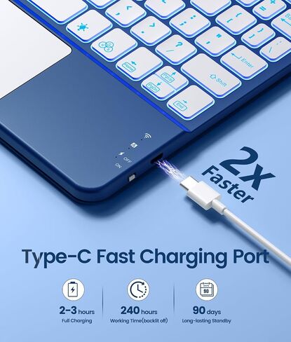 حافظة Harvopu لجهاز iPad الجيل العاشر/الحادي عشر A16 مع لوحة مفاتيح، غطاء قابل للفصل يدور 360 درجة مع حامل أقلام، لوحة تتبع متعددة اللمس، لوحة مفاتيح بإضاءة خلفية 7 ألوان لجهاز iPad (A16)/الجيل العاشر (أزرق داكن) in Kuwait